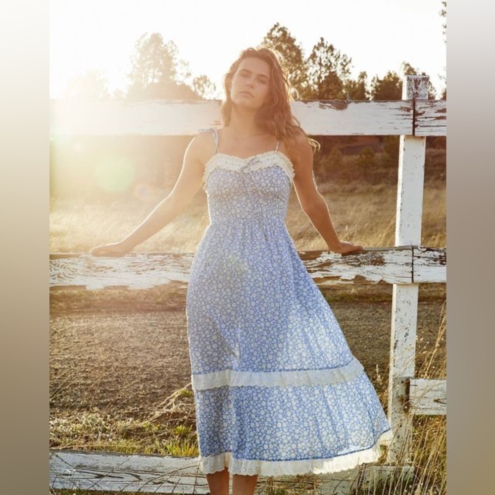 NWT The Emma Dress Maxi Dress Blue Calendula Size Small Ditsy Print Cottagecore